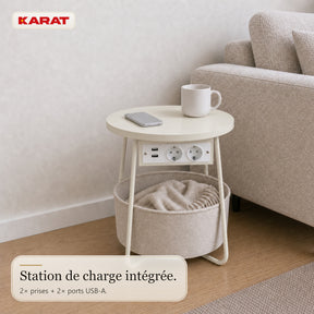 Table d’appoint | Dario | Table ronde avec 2 prises, 2 ports USB-A & panier de rangement | Ø 45 cm | 4 coloris