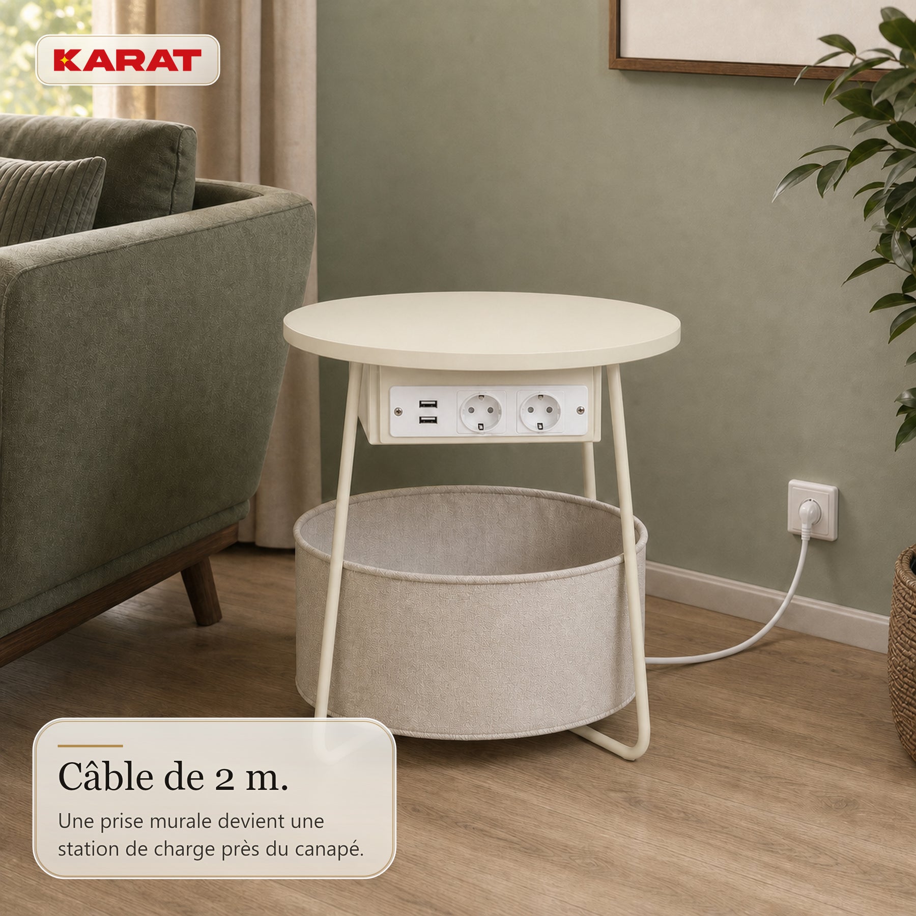 Table d’appoint | Dario | Table ronde avec 2 prises, 2 ports USB-A & panier de rangement | Ø 45 cm | 4 coloris