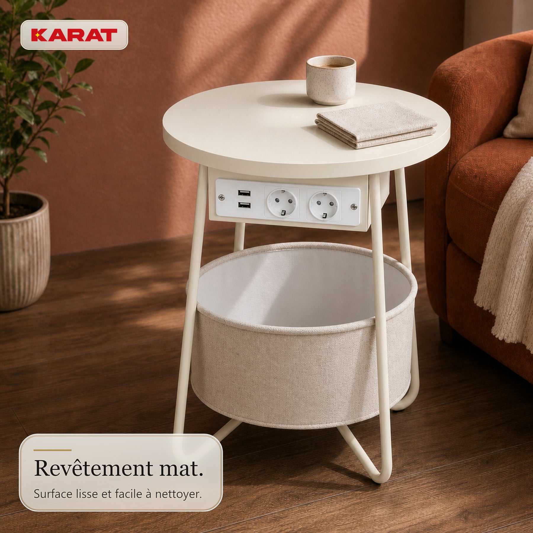 Table d’appoint | Dario | Table ronde avec 2 prises, 2 ports USB-A & panier de rangement | Ø 45 cm | 4 coloris
