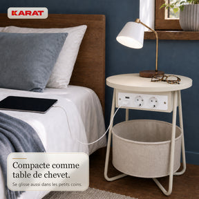 Table d’appoint | Dario | Table ronde avec 2 prises, 2 ports USB-A & panier de rangement | Ø 45 cm | 4 coloris
