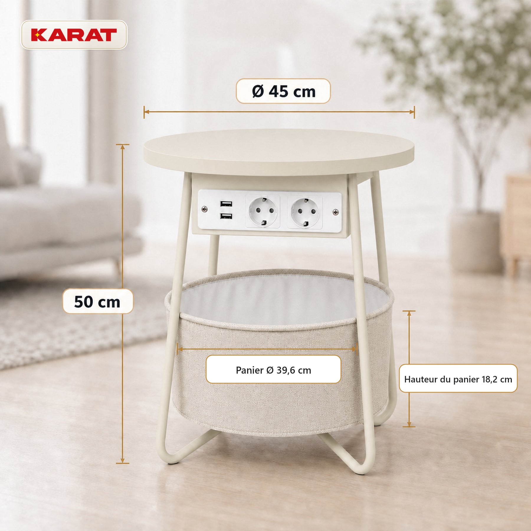 Table d’appoint | Dario | Table ronde avec 2 prises, 2 ports USB-A & panier de rangement | Ø 45 cm | 4 coloris