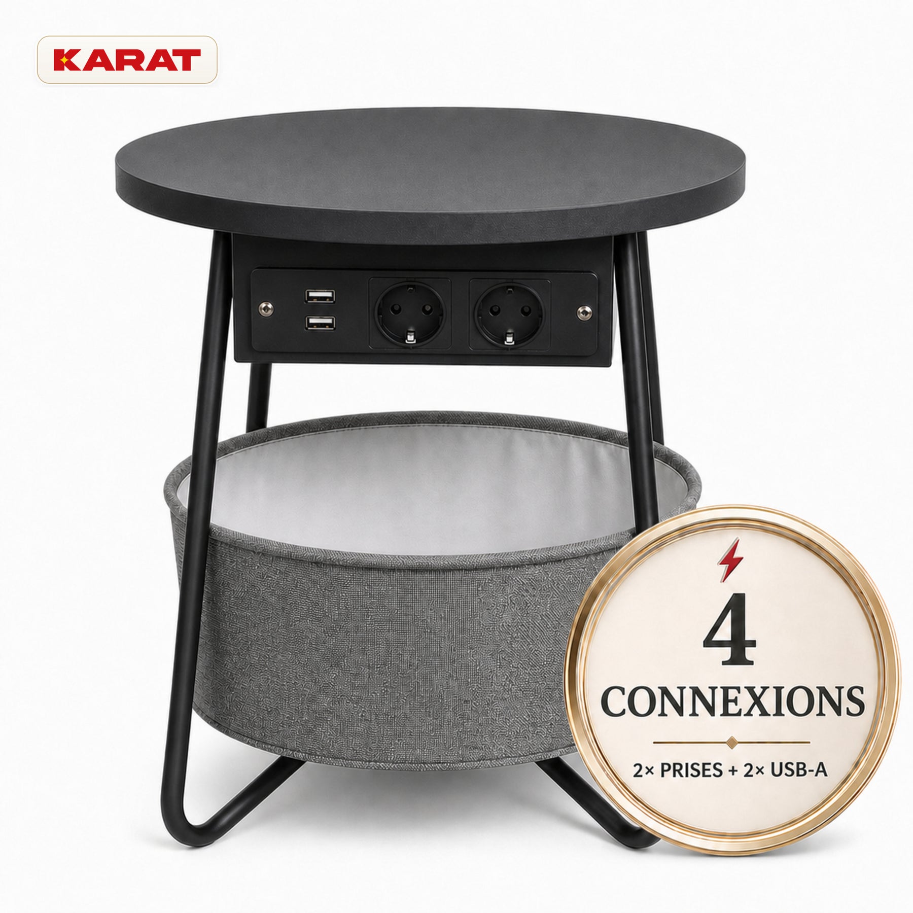 Table d’appoint | Dario | Table ronde avec 2 prises, 2 ports USB-A & panier de rangement | Ø 45 cm | 4 coloris