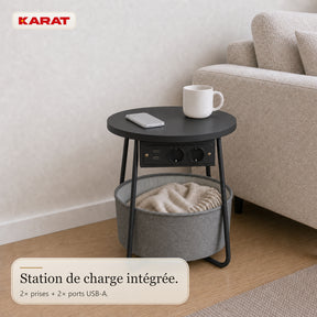 Table d’appoint | Dario | Table ronde avec 2 prises, 2 ports USB-A & panier de rangement | Ø 45 cm | 4 coloris