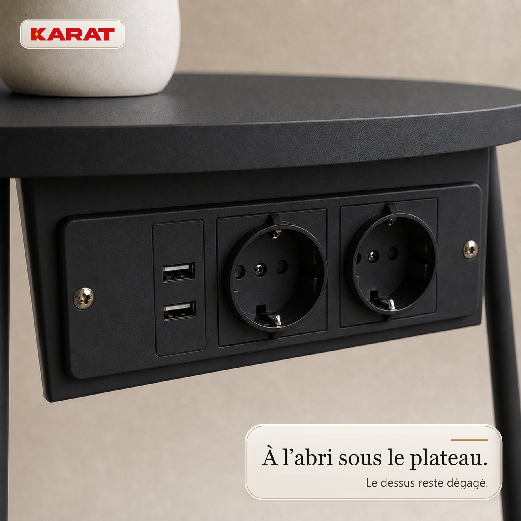 Table d’appoint | Dario | Table ronde avec 2 prises, 2 ports USB-A & panier de rangement | Ø 45 cm | 4 coloris