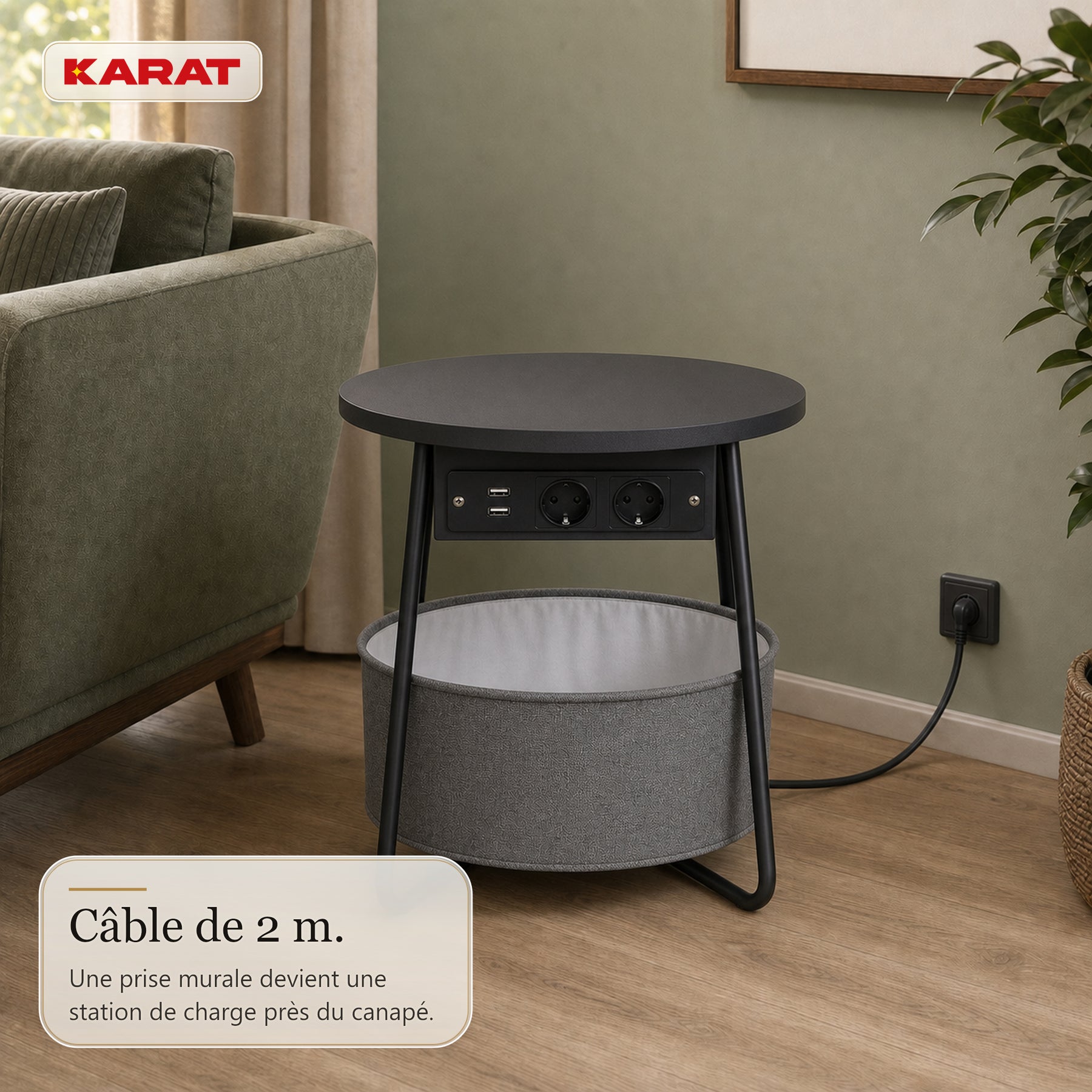 Table d’appoint | Dario | Table ronde avec 2 prises, 2 ports USB-A & panier de rangement | Ø 45 cm | 4 coloris
