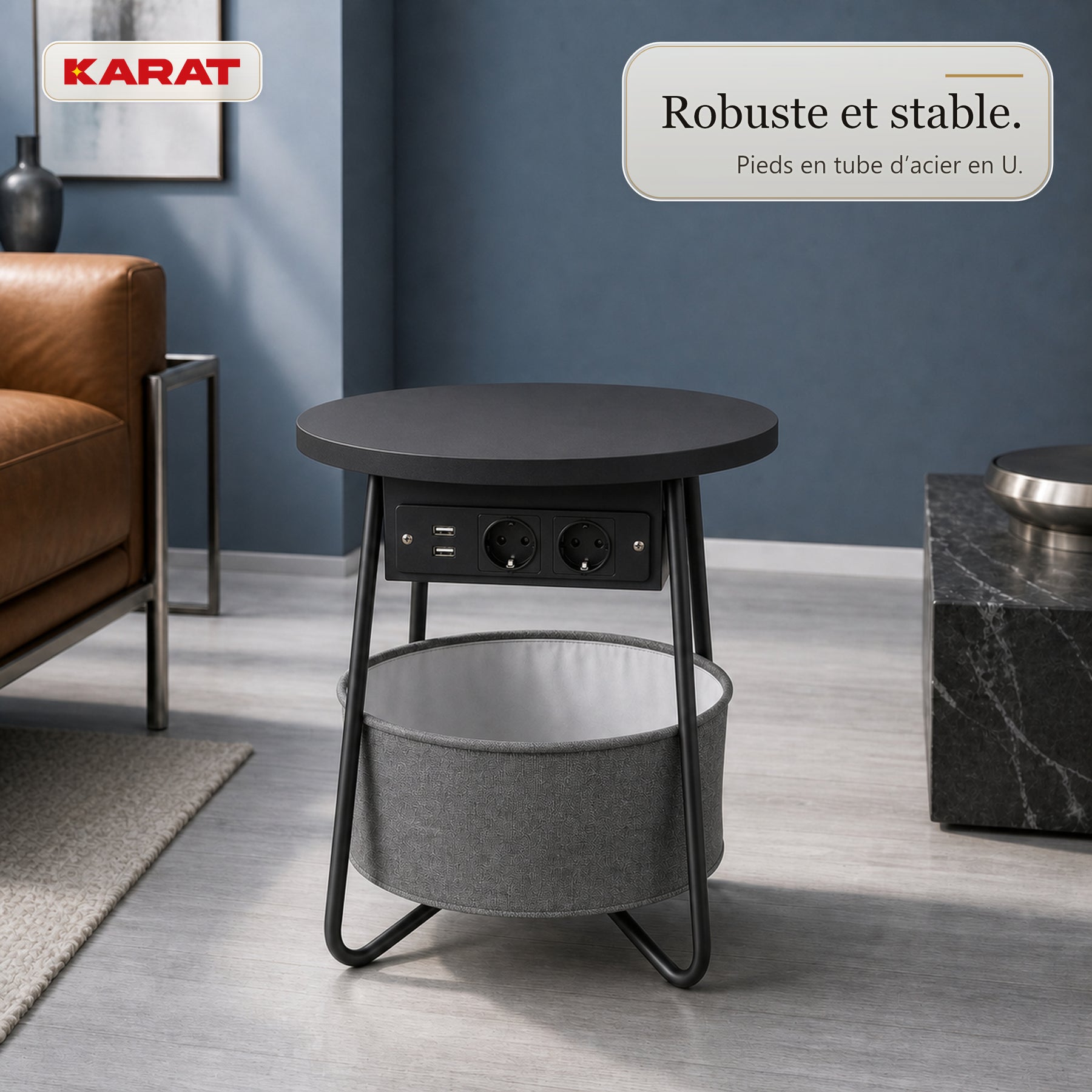 Table d’appoint | Dario | Table ronde avec 2 prises, 2 ports USB-A & panier de rangement | Ø 45 cm | 4 coloris
