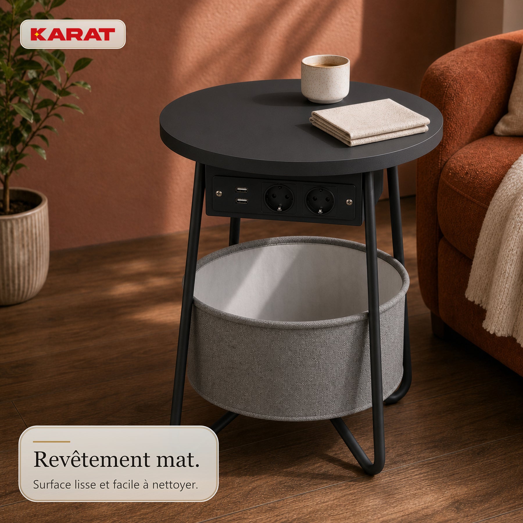 Table d’appoint | Dario | Table ronde avec 2 prises, 2 ports USB-A & panier de rangement | Ø 45 cm | 4 coloris