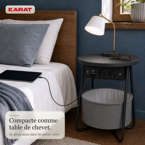 Table d’appoint | Dario | Table ronde avec 2 prises, 2 ports USB-A & panier de rangement | Ø 45 cm | 4 coloris