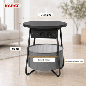 Table d’appoint | Dario | Table ronde avec 2 prises, 2 ports USB-A & panier de rangement | Ø 45 cm | 4 coloris