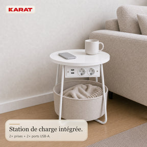 Table d’appoint | Dario | Table ronde avec 2 prises, 2 ports USB-A & panier de rangement | Ø 45 cm | 4 coloris