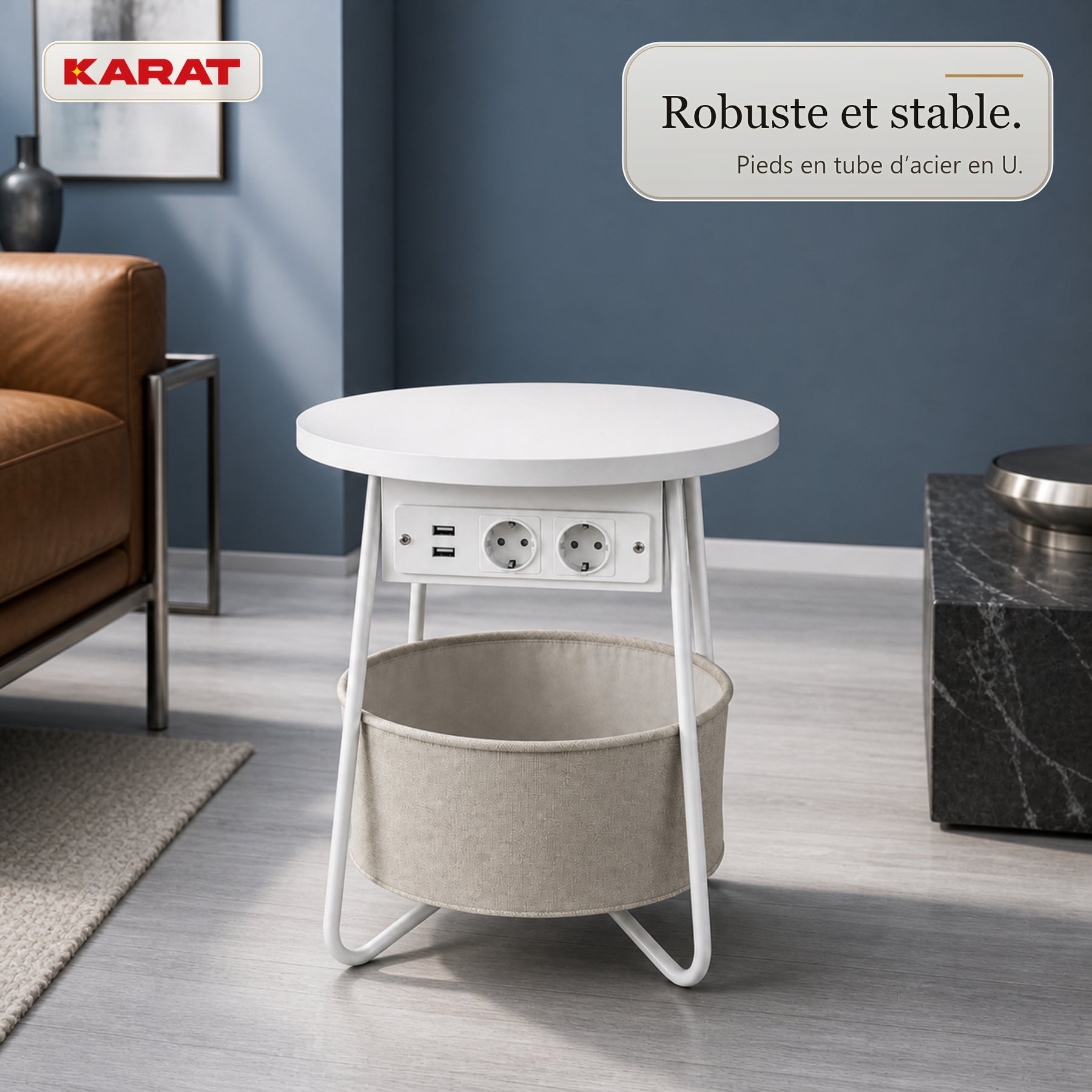 Table d’appoint | Dario | Table ronde avec 2 prises, 2 ports USB-A & panier de rangement | Ø 45 cm | 4 coloris