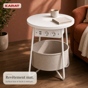 Table d’appoint | Dario | Table ronde avec 2 prises, 2 ports USB-A & panier de rangement | Ø 45 cm | 4 coloris