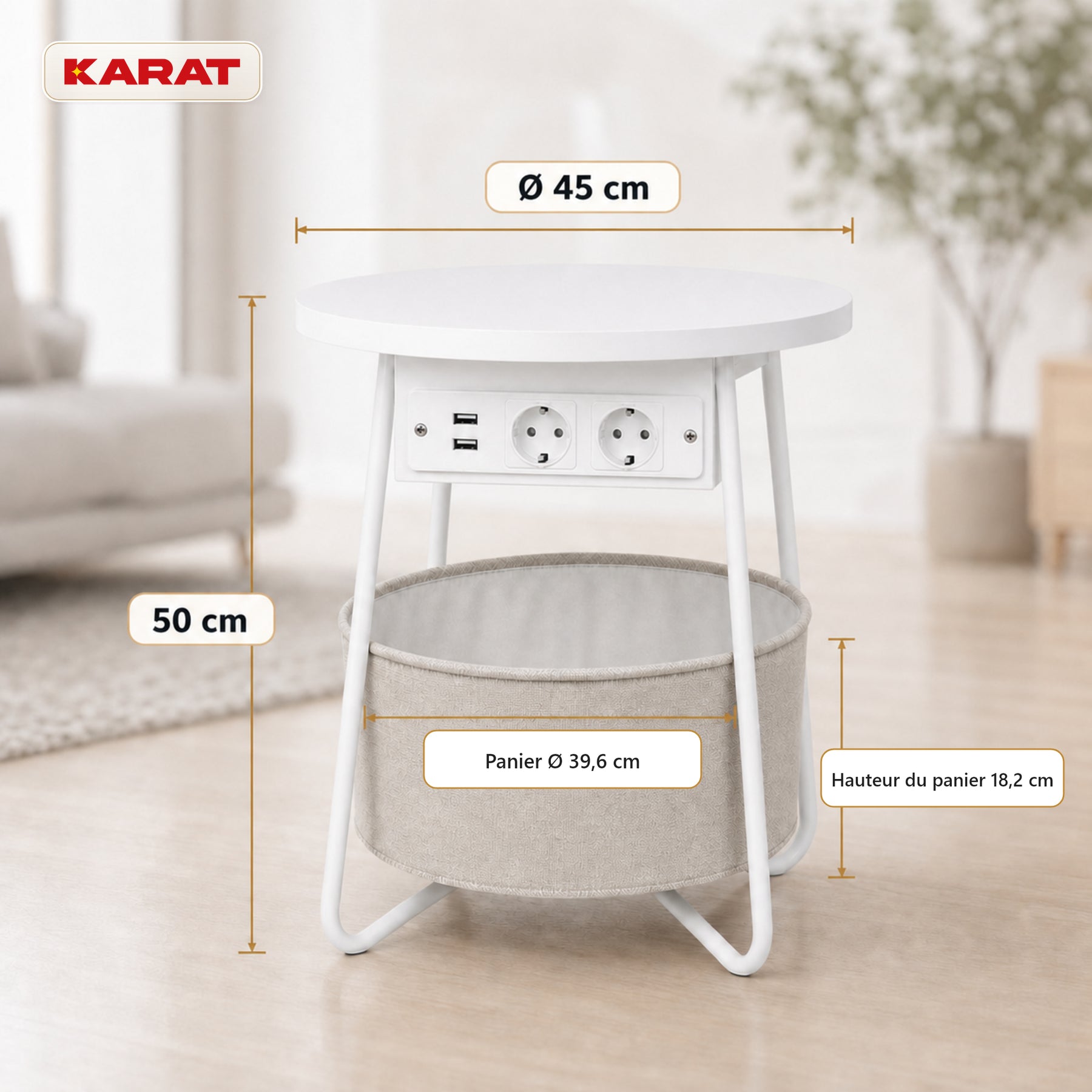 Table d’appoint | Dario | Table ronde avec 2 prises, 2 ports USB-A & panier de rangement | Ø 45 cm | 4 coloris