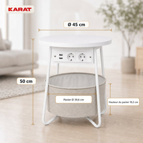 Table d’appoint | Dario | Table ronde avec 2 prises, 2 ports USB-A & panier de rangement | Ø 45 cm | 4 coloris