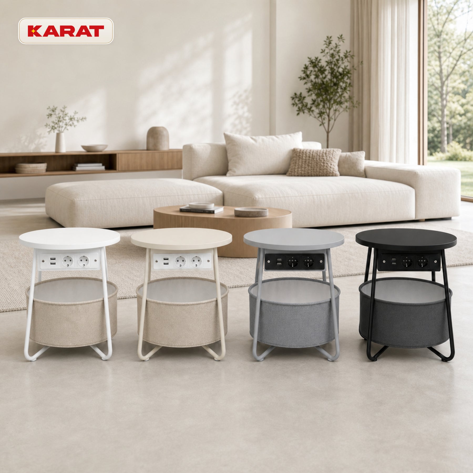 Table d’appoint | Dario | Table ronde avec 2 prises, 2 ports USB-A & panier de rangement | Ø 45 cm | 4 coloris