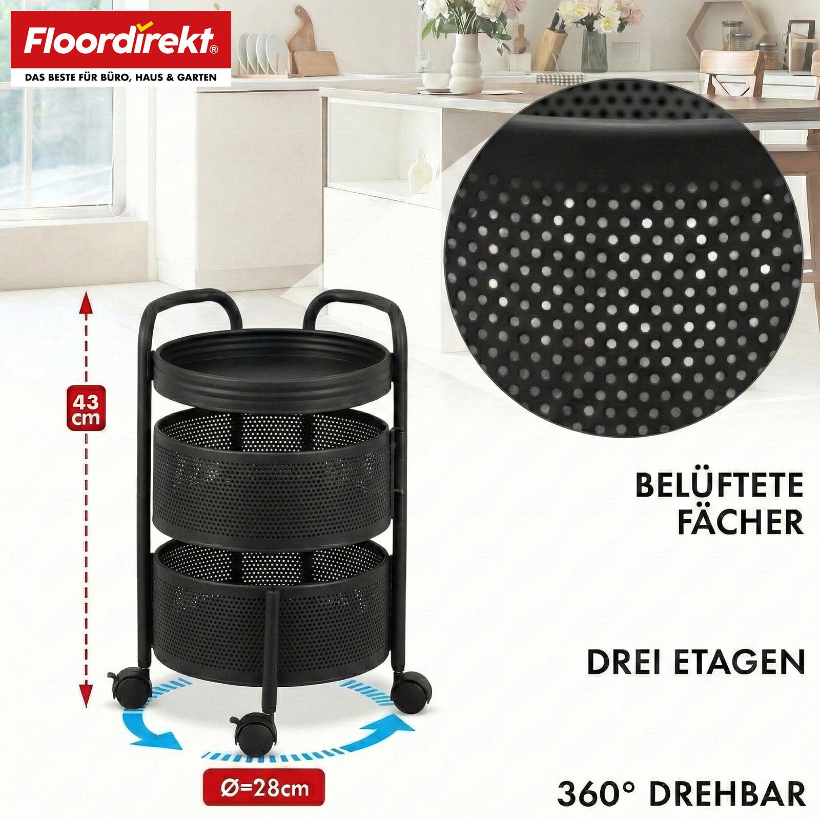 Chariot de rangement | Henry | Chariot de cuisine en acier avec roulettes | Chariot de service | 3 ou 5 niveaux | Blanc & Noir