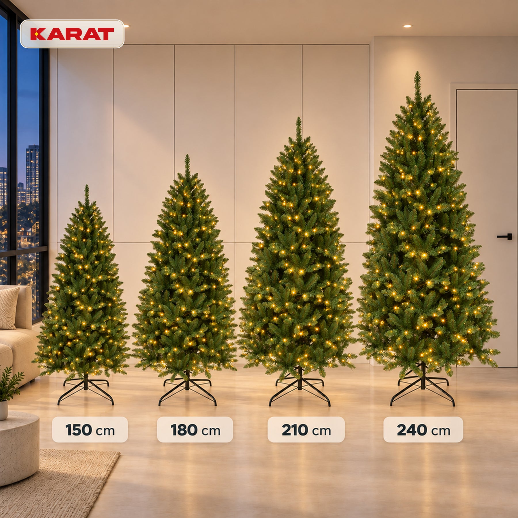 Sapin de Noël artificiel avec éclairage LED | Evergreen | LED blanc chaud & pied en métal | 150–240 cm