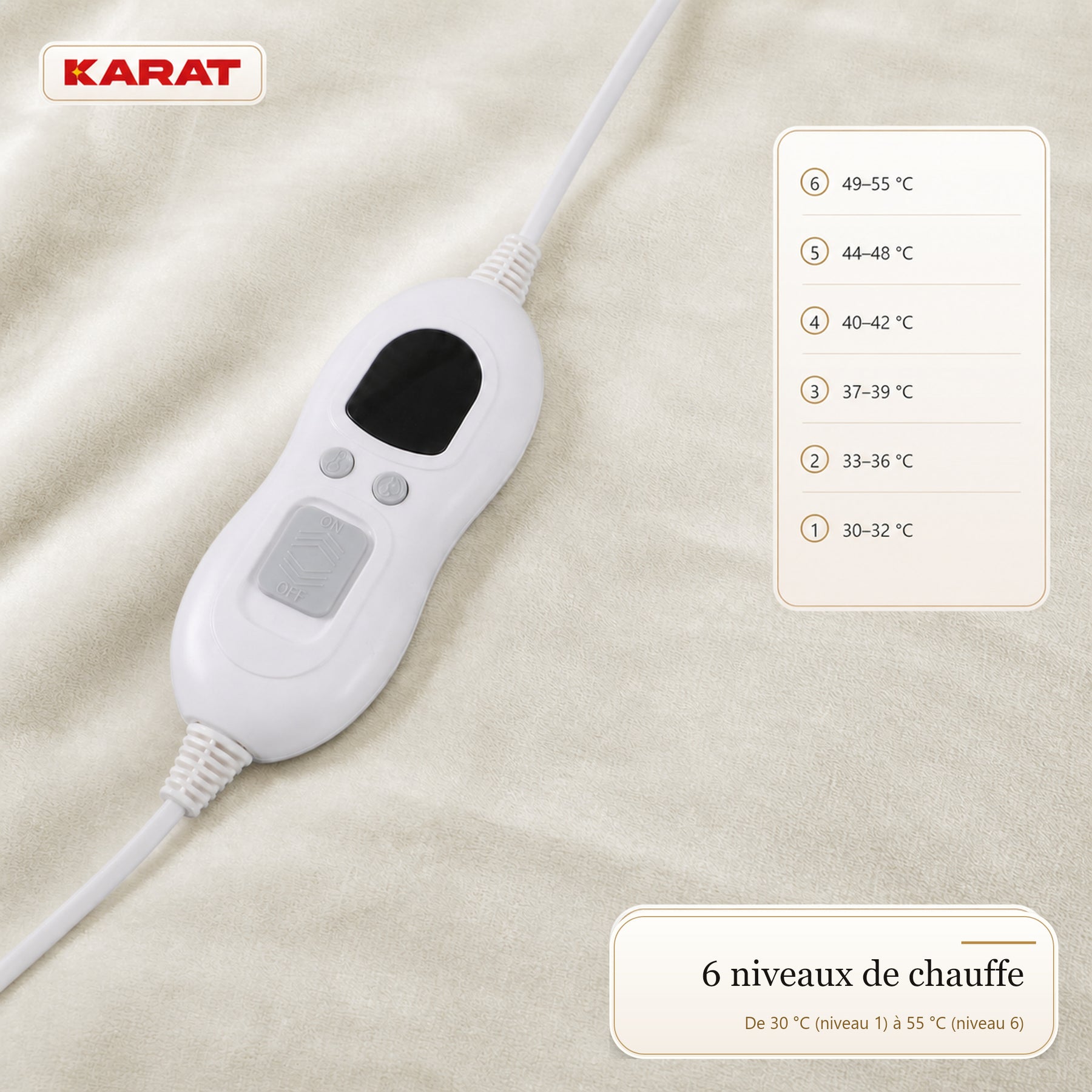 Couverture chauffante électrique | Borea | 6 niveaux jusqu’à 55 °C, contrôleur LCD & minuterie | 3 tailles & 7 couleurs