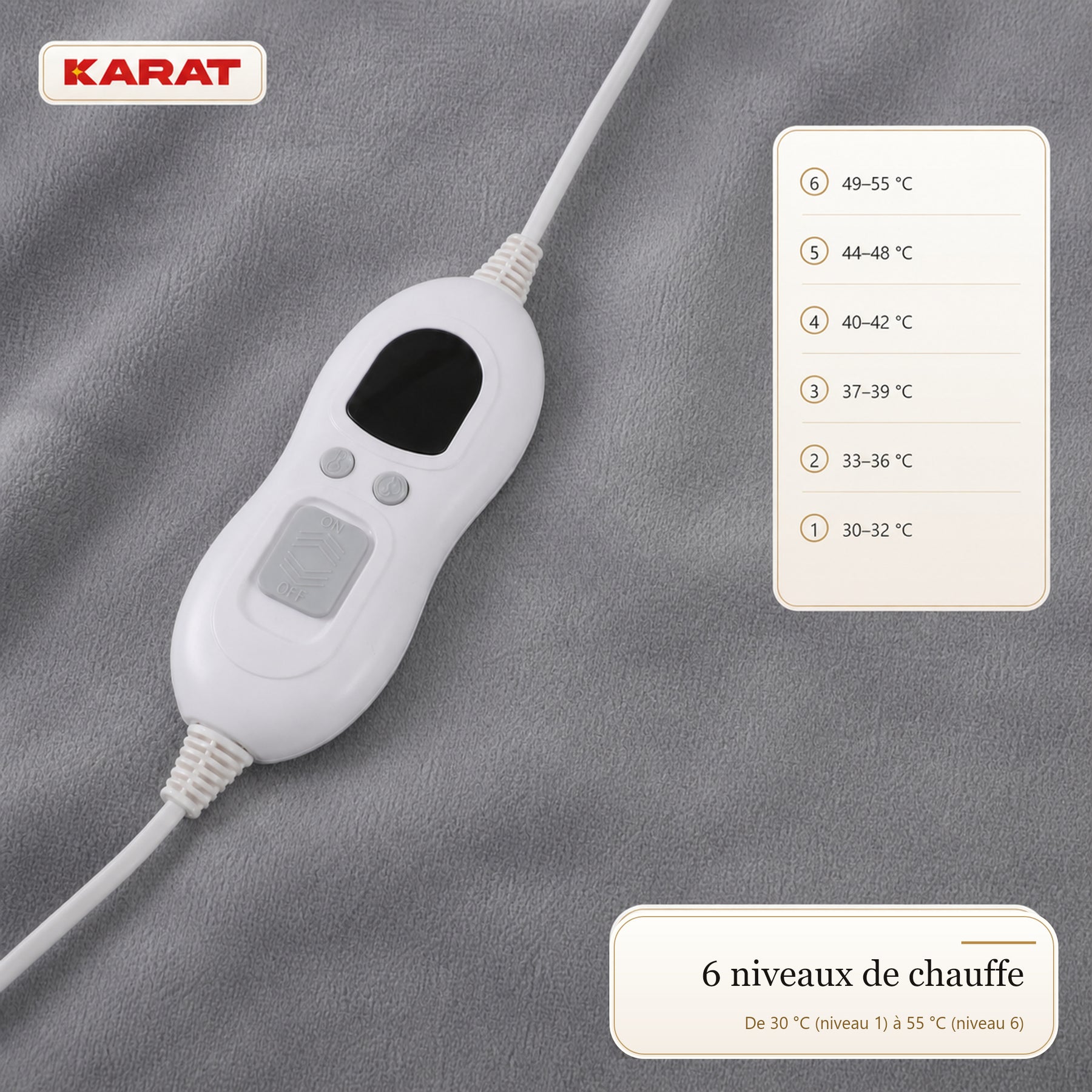 Couverture chauffante électrique | Borea | 6 niveaux jusqu’à 55 °C, contrôleur LCD & minuterie | 3 tailles & 7 couleurs