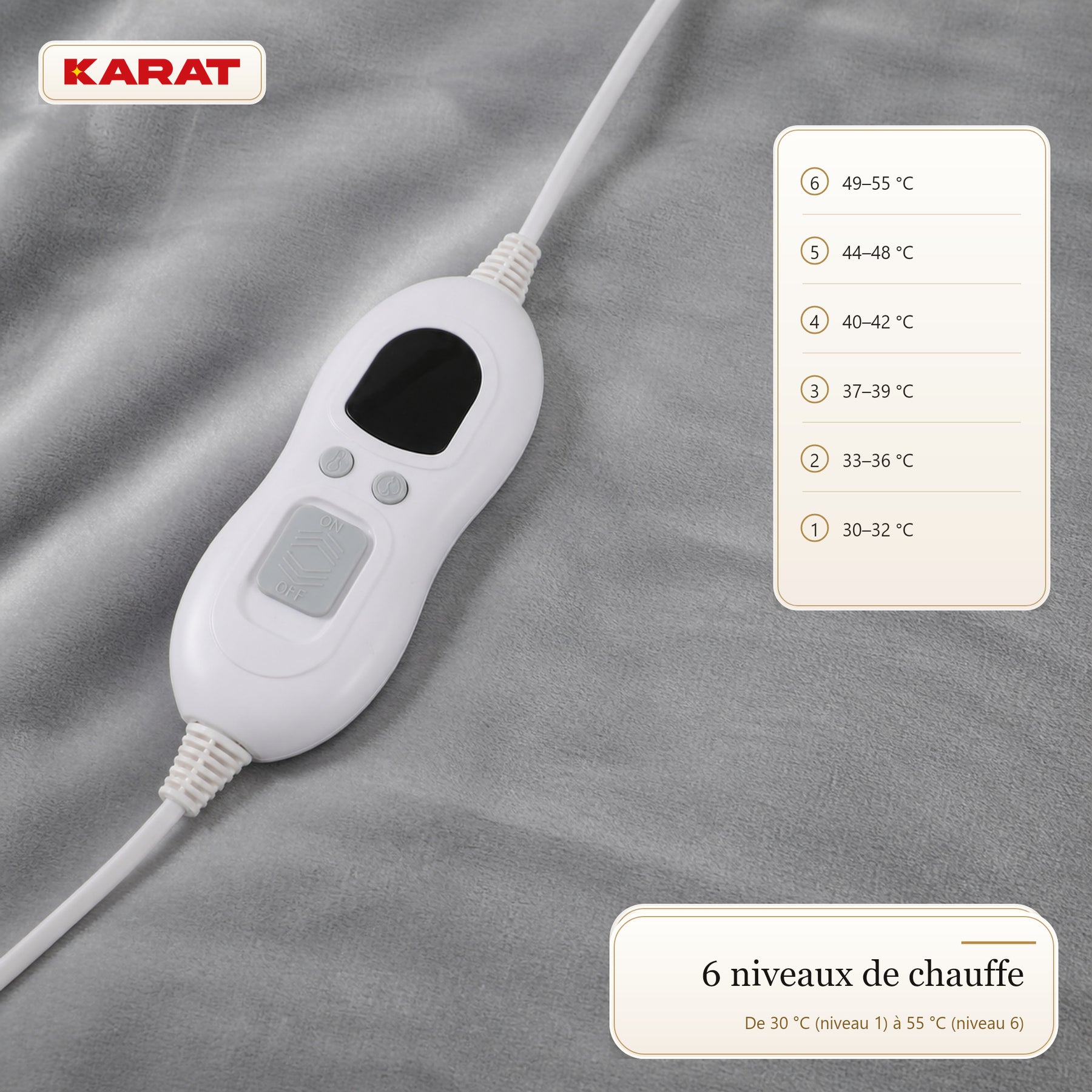 Couverture chauffante électrique | Borea | 6 niveaux jusqu’à 55 °C, contrôleur LCD & minuterie | 3 tailles & 7 couleurs