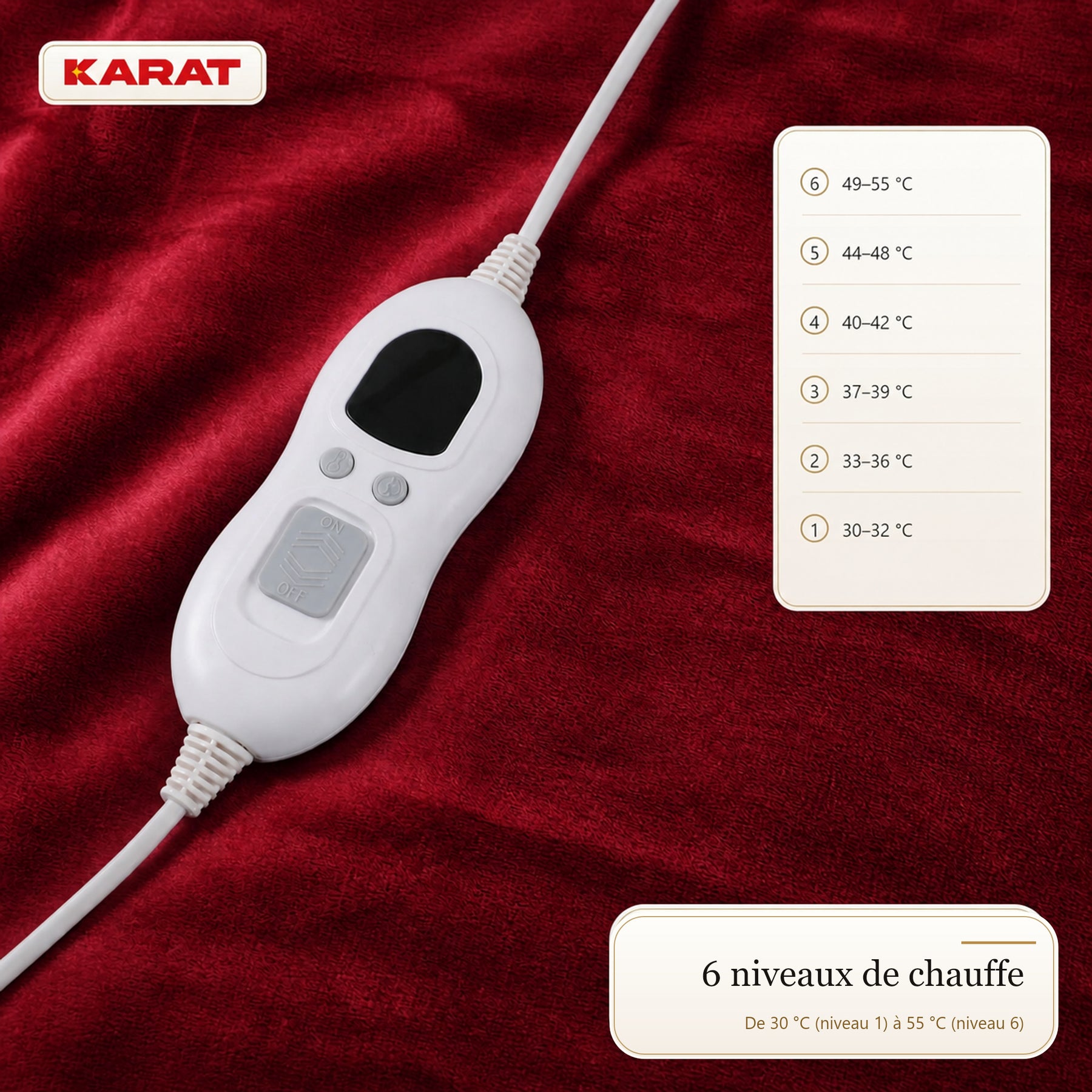 Couverture chauffante électrique | Borea | 6 niveaux jusqu’à 55 °C, contrôleur LCD & minuterie | 3 tailles & 7 couleurs