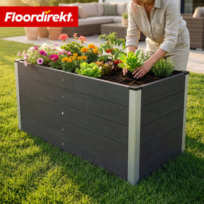 Carré potager surélevé en WPC | Delos | 150x70x75 cm | Extra stable avec barre de renfort | Anthracite | Angles en aluminium
