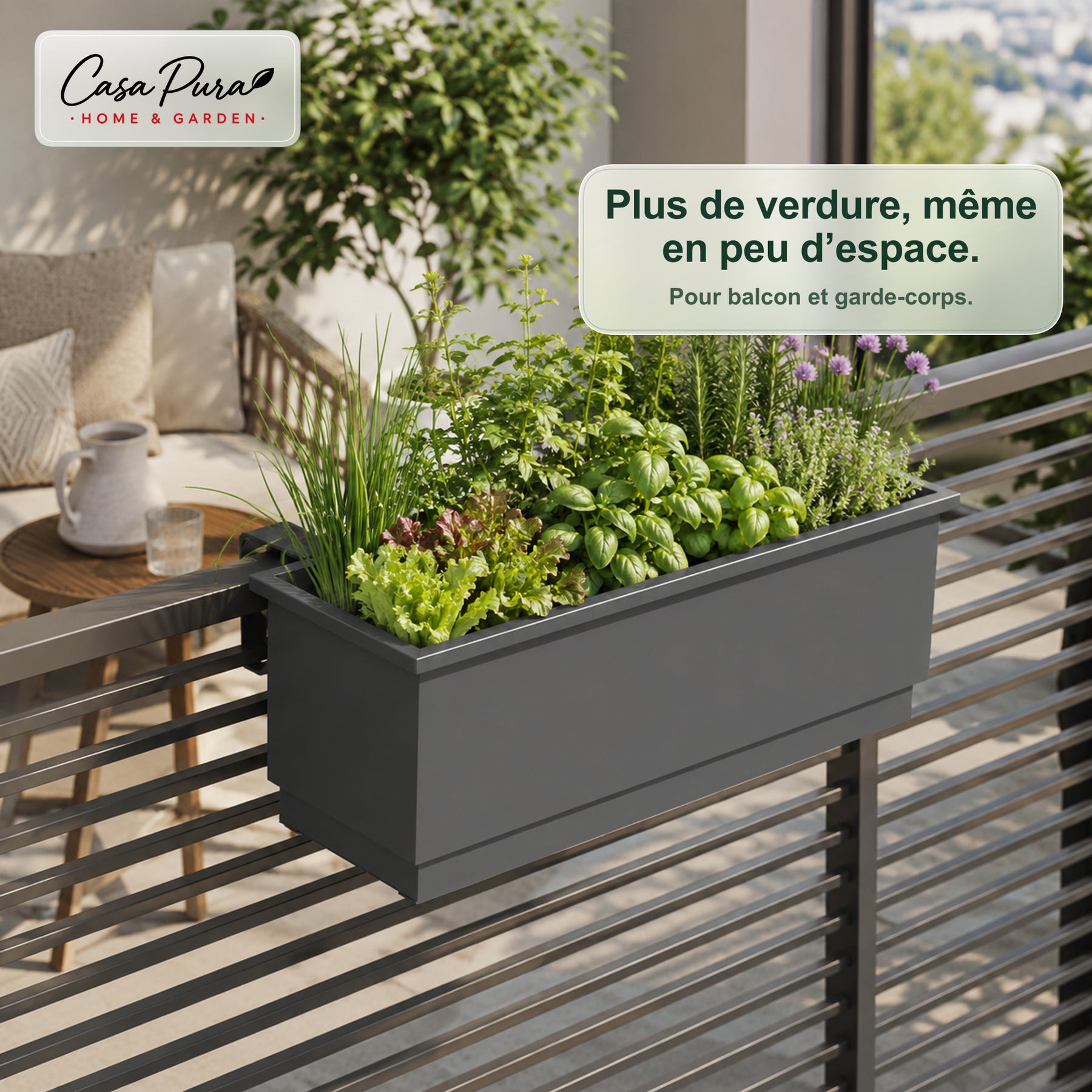 Jardinière de balcon | Viola | Jardinière en métal avec bac récupérateur pour balcon & garde-corps