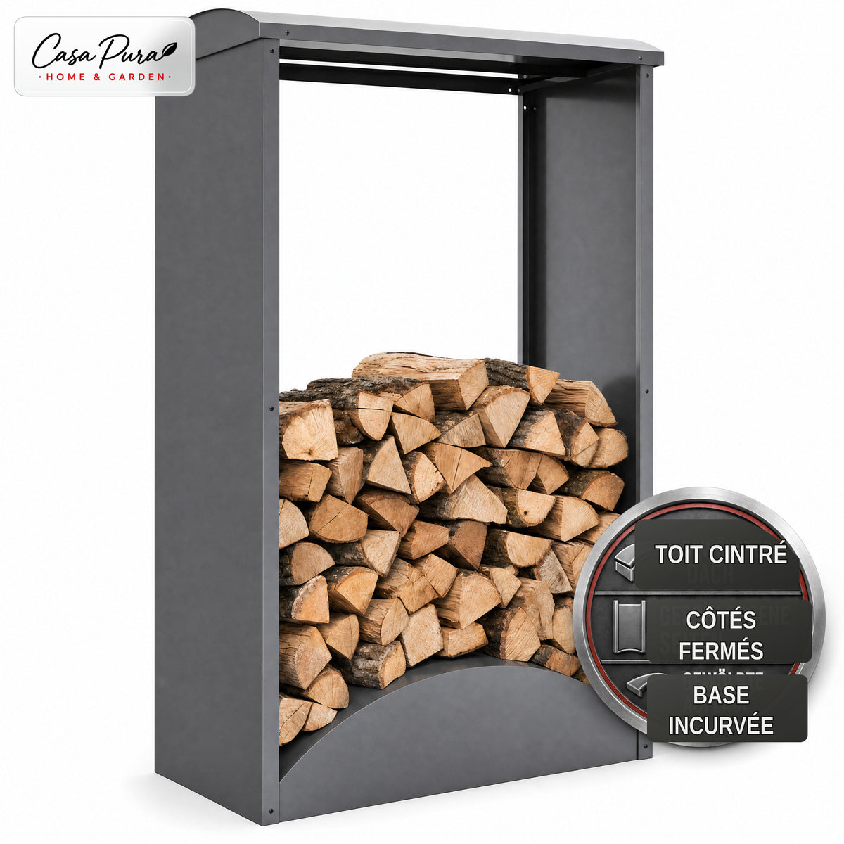 Porte-bûches | Alexis | Rangement à bois en acier galvanisé | Toit bombé | 98,4 × 52,4 × 160 cm