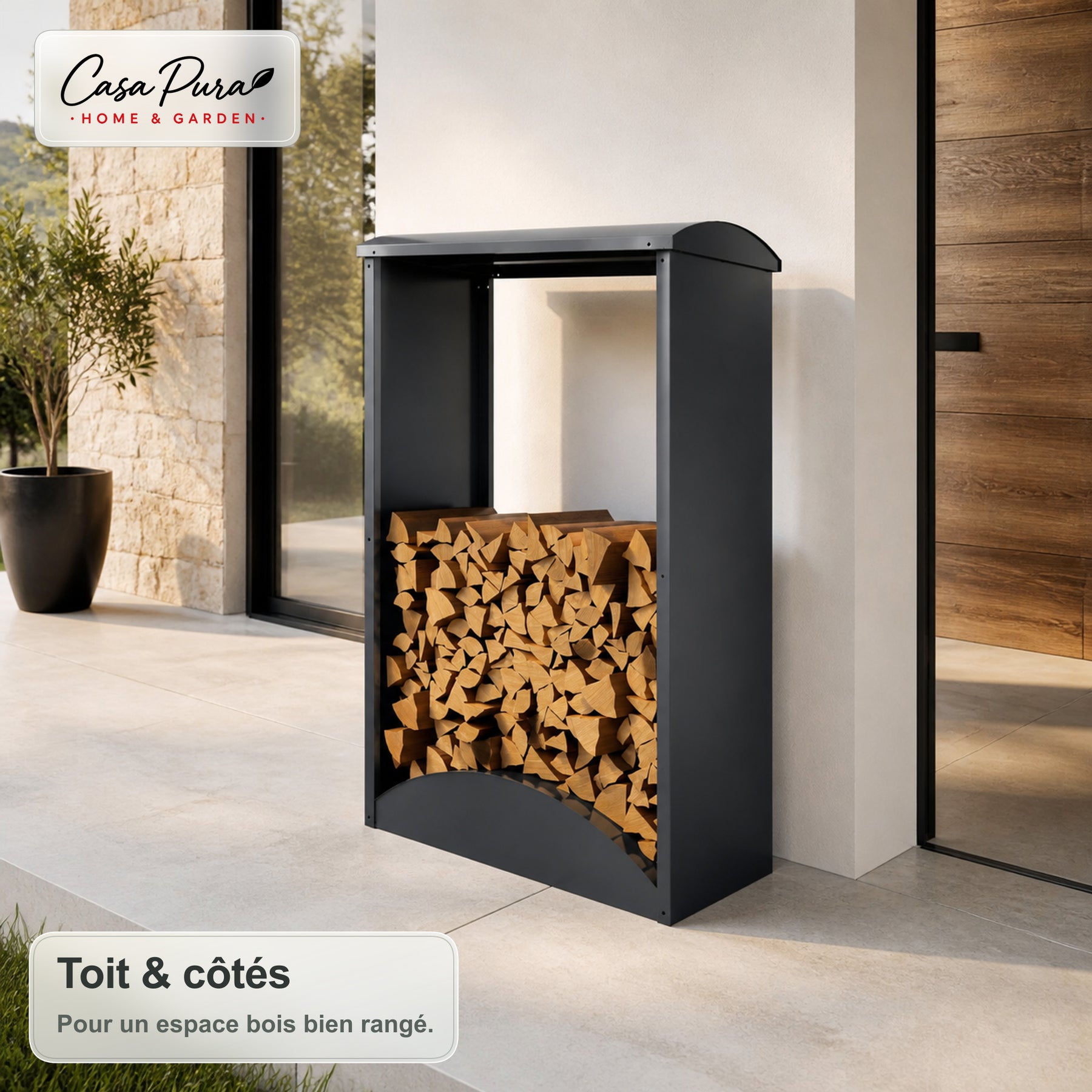 Porte-bûches | Alexis | Rangement à bois en acier galvanisé | Toit bombé | 98,4 × 52,4 × 160 cm