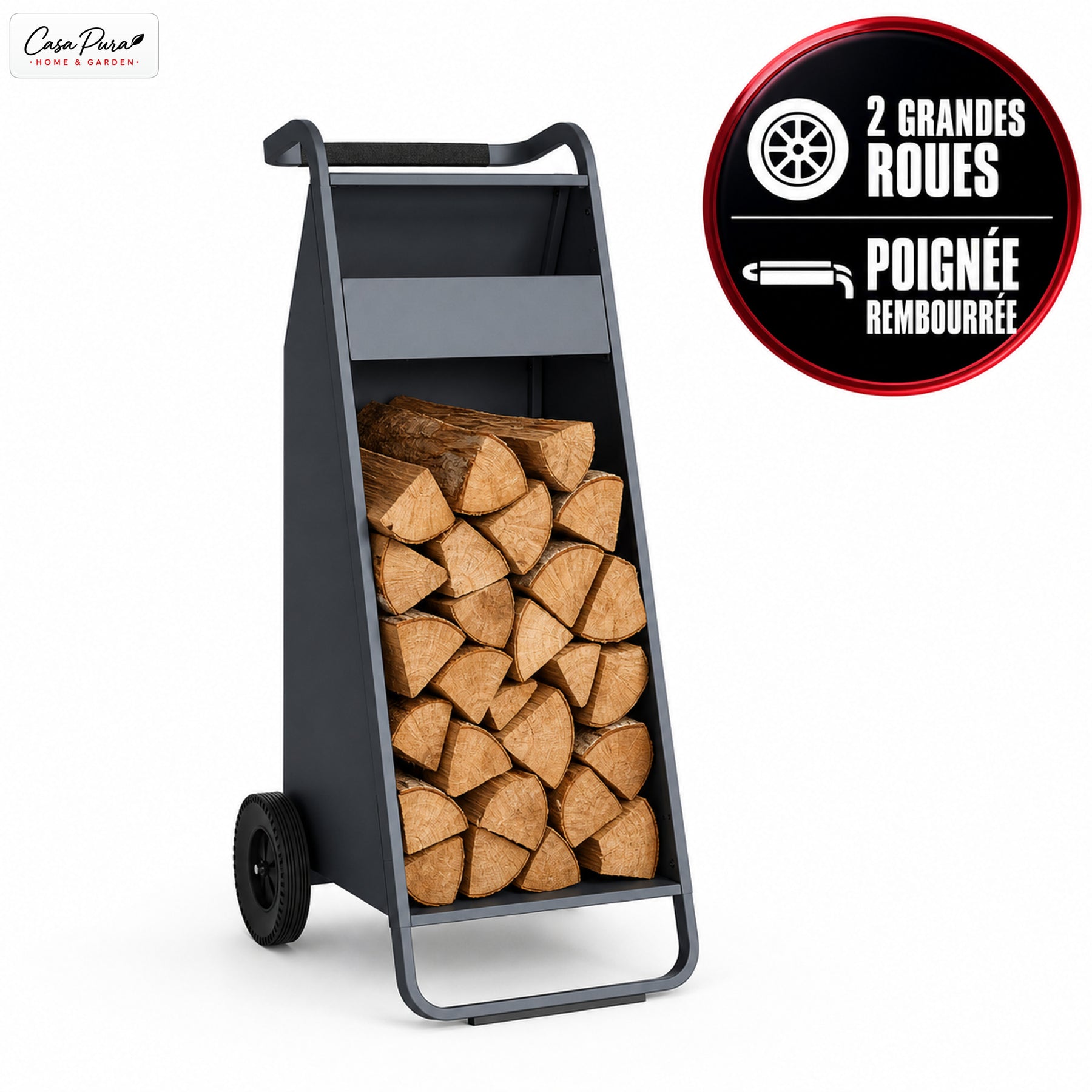 Porte-bûches | Paolo | Rangement à bois mobile avec 2 roues & poignée rembourrée | 43 × 56 × 116 cm