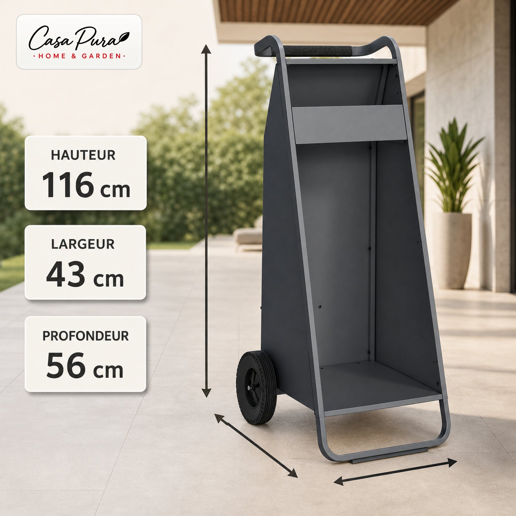 Porte-bûches | Paolo | Rangement à bois mobile avec 2 roues & poignée rembourrée | 43 × 56 × 116 cm