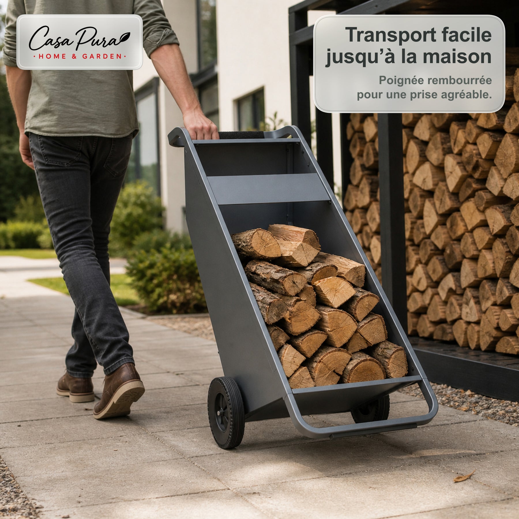 Porte-bûches | Paolo | Rangement à bois mobile avec 2 roues & poignée rembourrée | 43 × 56 × 116 cm