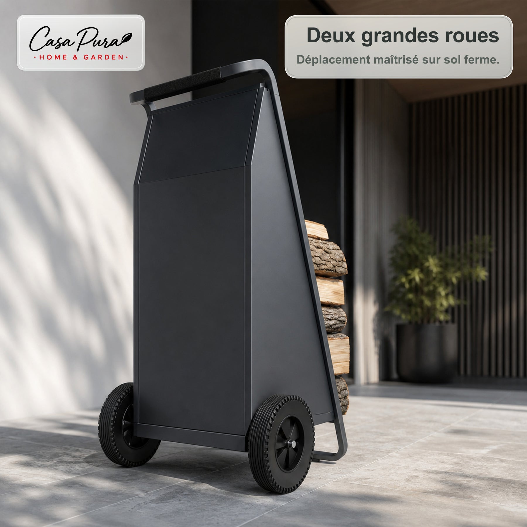 Porte-bûches | Paolo | Rangement à bois mobile avec 2 roues & poignée rembourrée | 43 × 56 × 116 cm