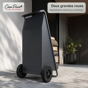 Porte-bûches | Paolo | Rangement à bois mobile avec 2 roues & poignée rembourrée | 43 × 56 × 116 cm