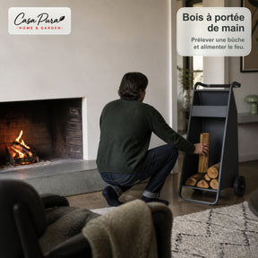 Porte-bûches | Paolo | Rangement à bois mobile avec 2 roues & poignée rembourrée | 43 × 56 × 116 cm