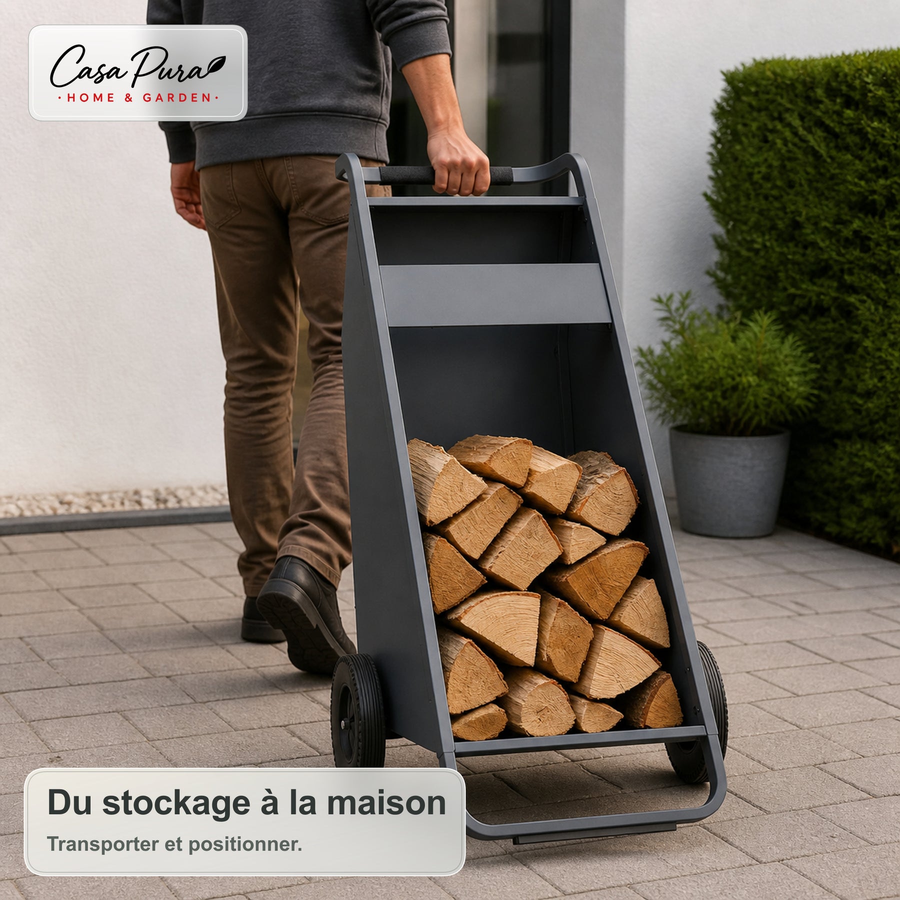 Porte-bûches | Paolo | Rangement à bois mobile avec 2 roues & poignée rembourrée | 43 × 56 × 116 cm