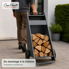 Porte-bûches | Paolo | Rangement à bois mobile avec 2 roues & poignée rembourrée | 43 × 56 × 116 cm