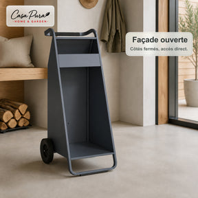 Porte-bûches | Paolo | Rangement à bois mobile avec 2 roues & poignée rembourrée | 43 × 56 × 116 cm