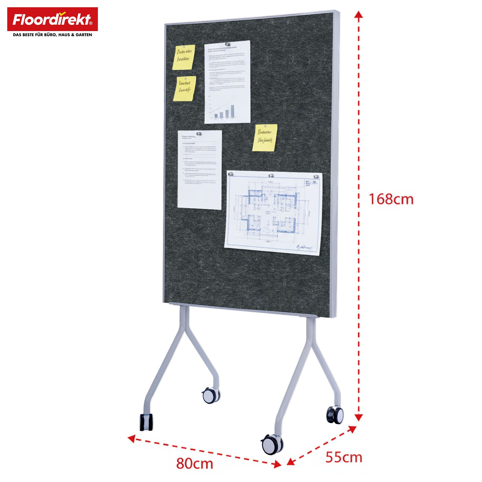 Tableau de présentation mobile | Giant | Tableau feutre double face 80 x 120 cm avec roulettes verrouillables et tablette | Disponible en plusieurs couleurs
