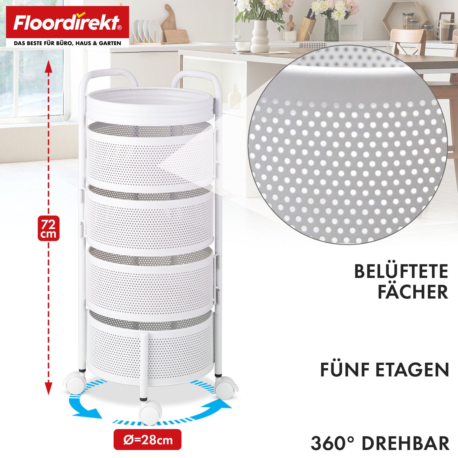 Chariot | Henry | Étagère en acier blanc pour cuisine et salle de bain | 5 étagères avec paniers rabattables
