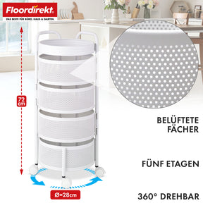 Chariot | Henry | Étagère en acier blanc pour cuisine et salle de bain | 5 étagères avec paniers rabattables