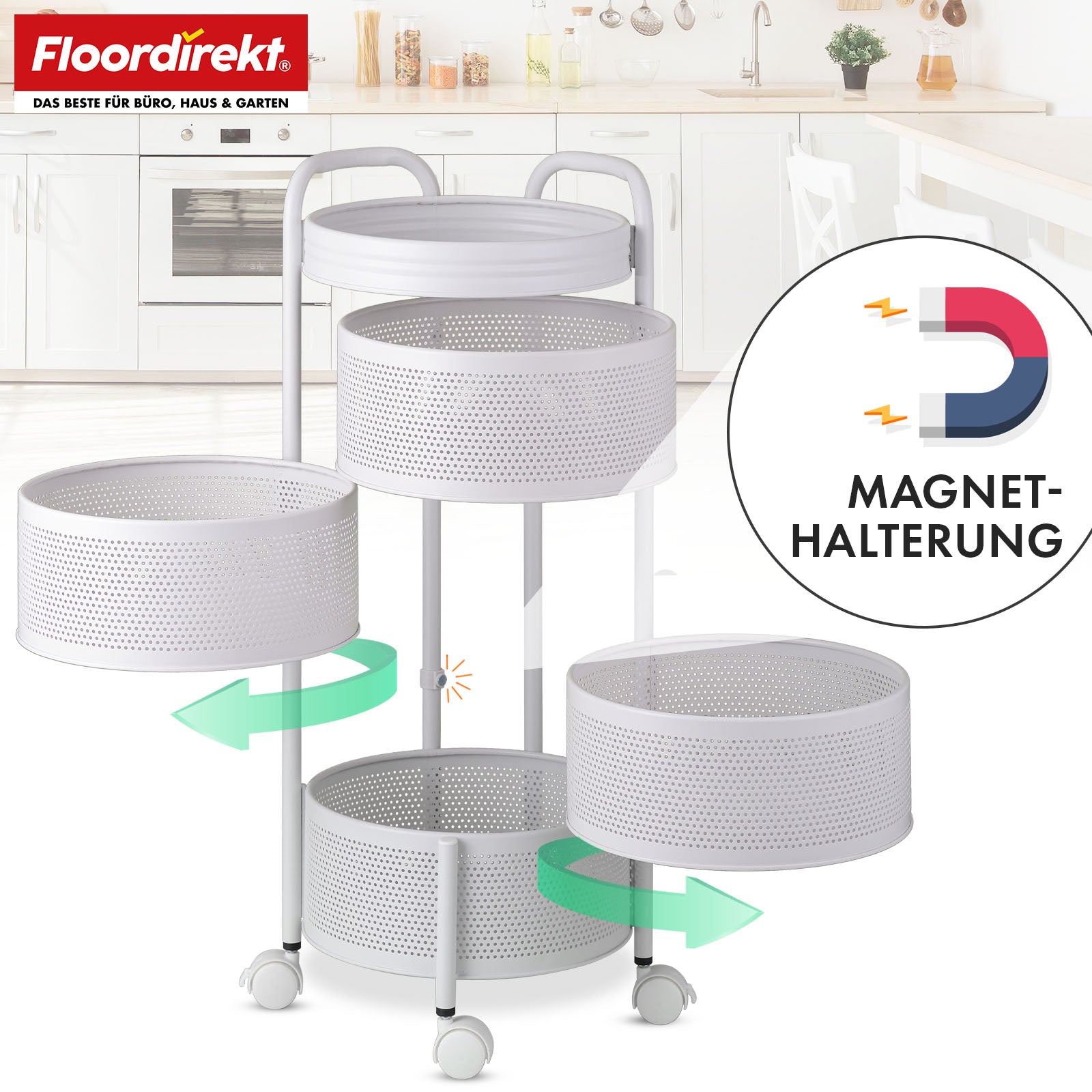 Chariot | Henry | Étagère en acier blanc pour cuisine et salle de bain | 5 étagères avec paniers rabattables