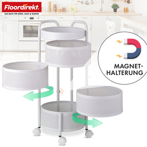 Chariot | Henry | Étagère en acier blanc pour cuisine et salle de bain | 5 étagères avec paniers rabattables