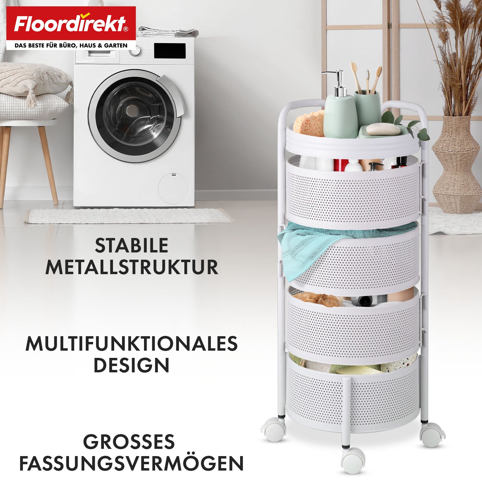 Chariot | Henry | Étagère en acier blanc pour cuisine et salle de bain | 5 étagères avec paniers rabattables