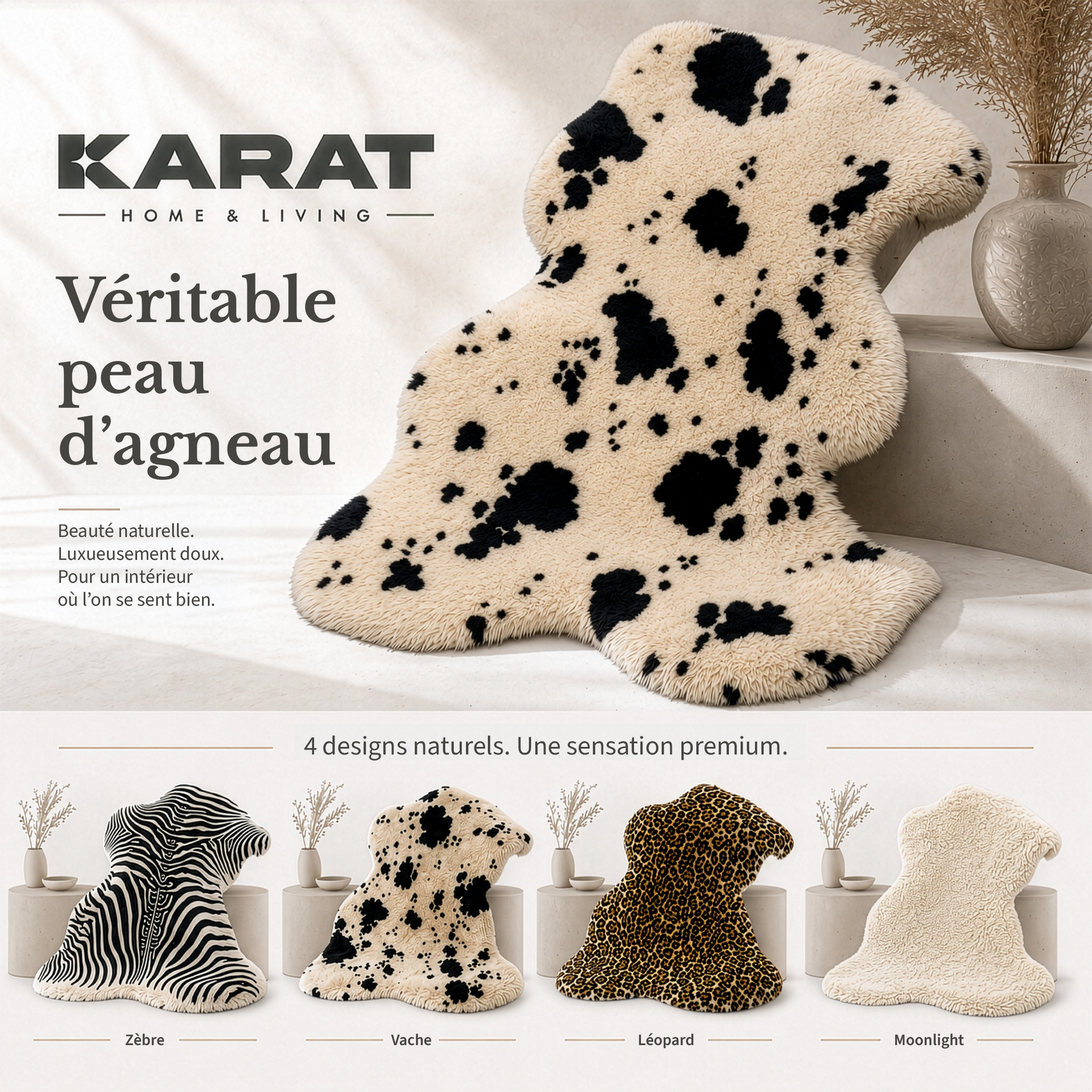 Peau de mouton design | Audrey | Véritable peau d'agneau 100 % laine de mouton | Douce & naturelle