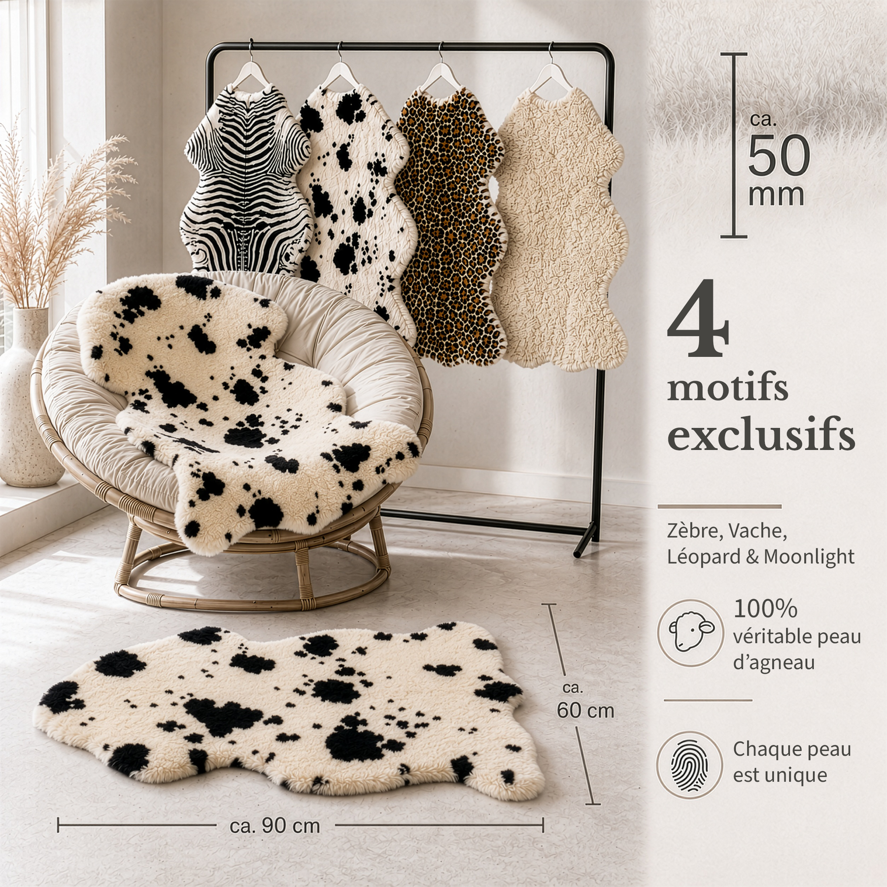 Peau de mouton design | Audrey | Véritable peau d'agneau 100 % laine de mouton | Douce & naturelle