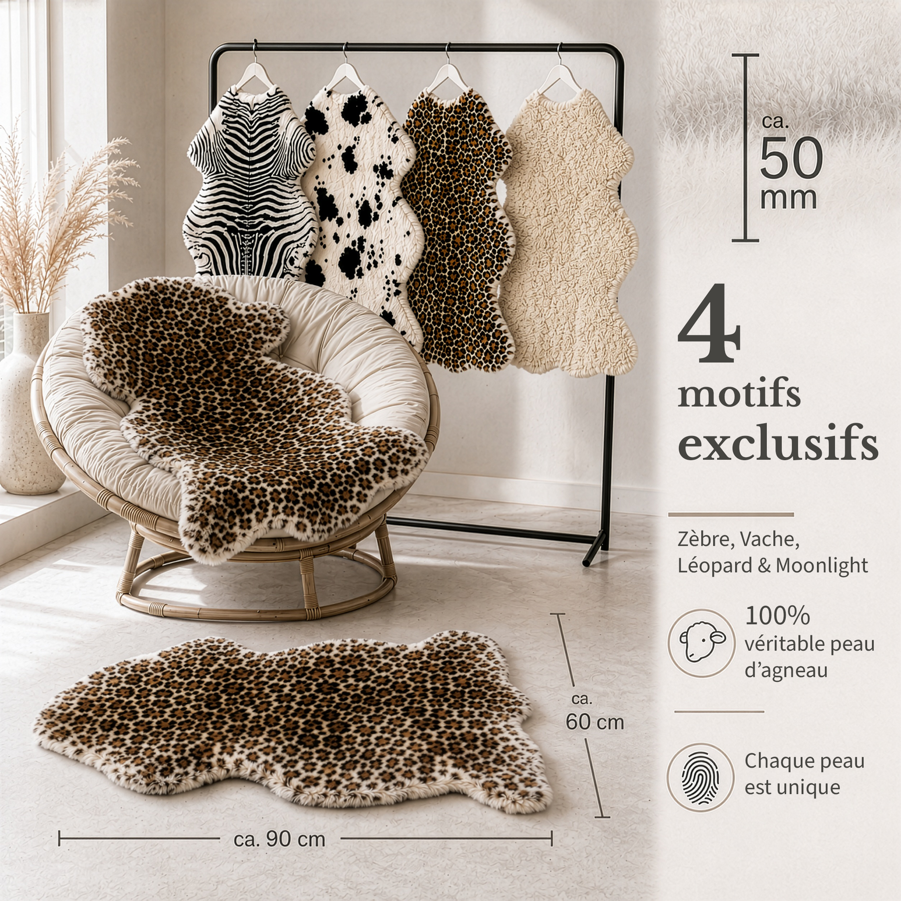 Peau de mouton design | Audrey | Véritable peau d'agneau 100 % laine de mouton | Douce & naturelle