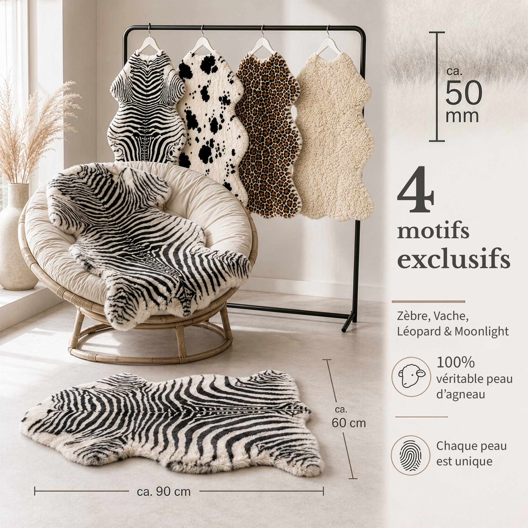 Peau de mouton design | Audrey | Véritable peau d'agneau 100 % laine de mouton | Douce & naturelle