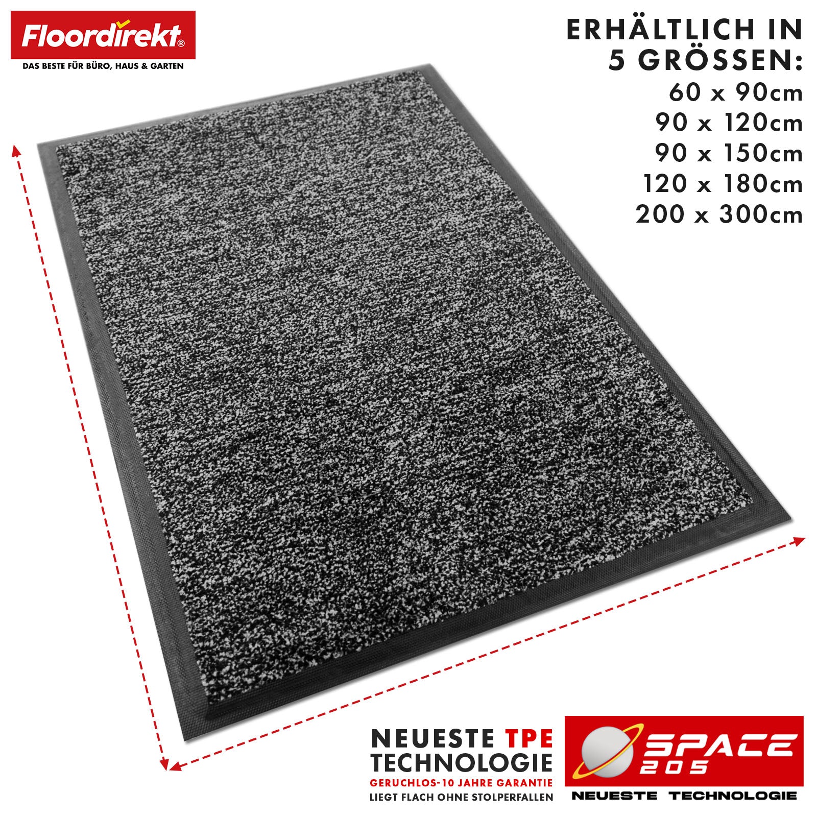 Tapis anti-salissures | Space 205 | Tapis antidérapant avec technologie TPE innovante sur les bords et au dos | Idéal pour les entrées, les couloirs et les portes d'entrée | Disponible en différentes couleurs et tailles