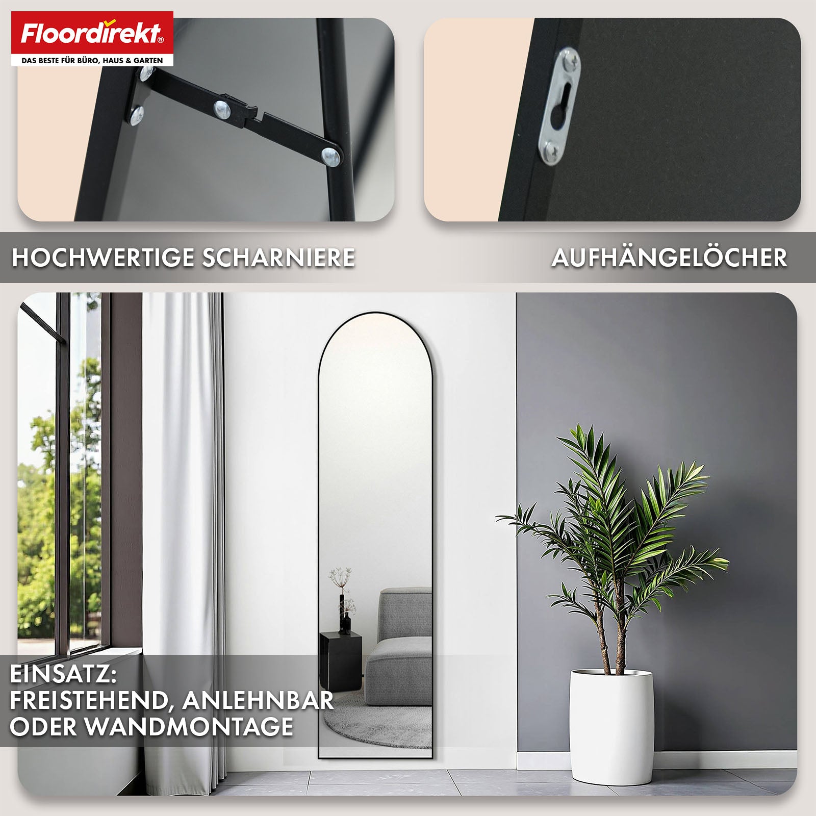 Miroir pleine longueur | Madison | Cadre en aluminium noir incurvé | Sur pied et fixation murale